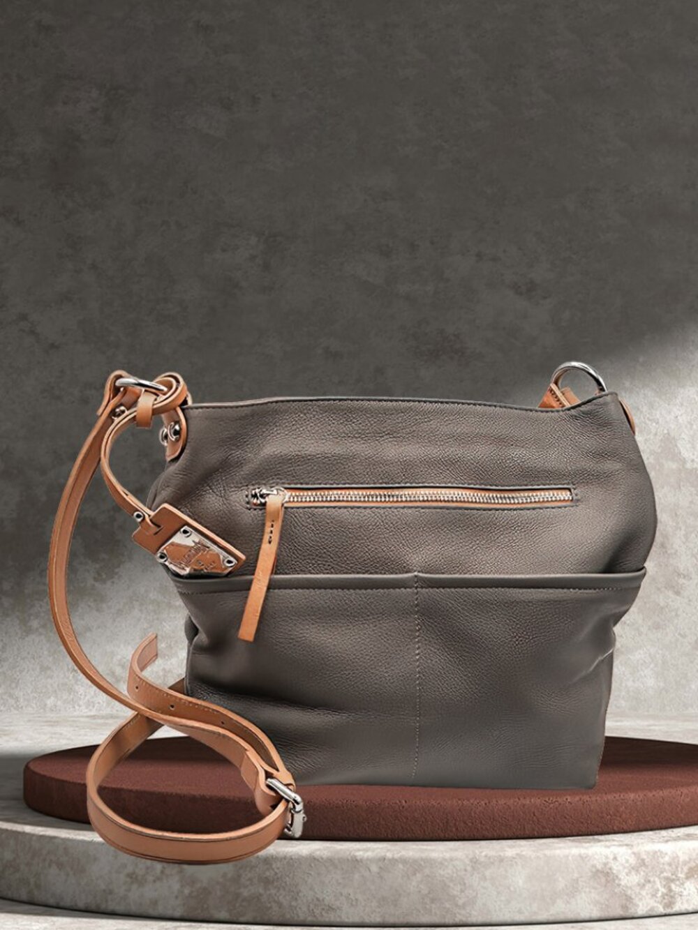 MEDIUM GREY/TAN SOFT LEATHER VALENTINA PURSE SHOULDER BAG ITALY QUALITY